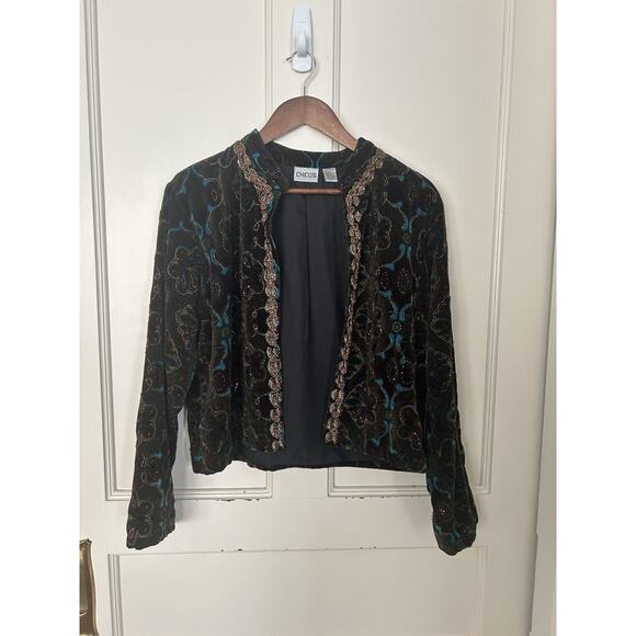 Chico's Velvet Embroidered Beaded Open Jacket Womens Size Medium Classic - Picture 1 of 9